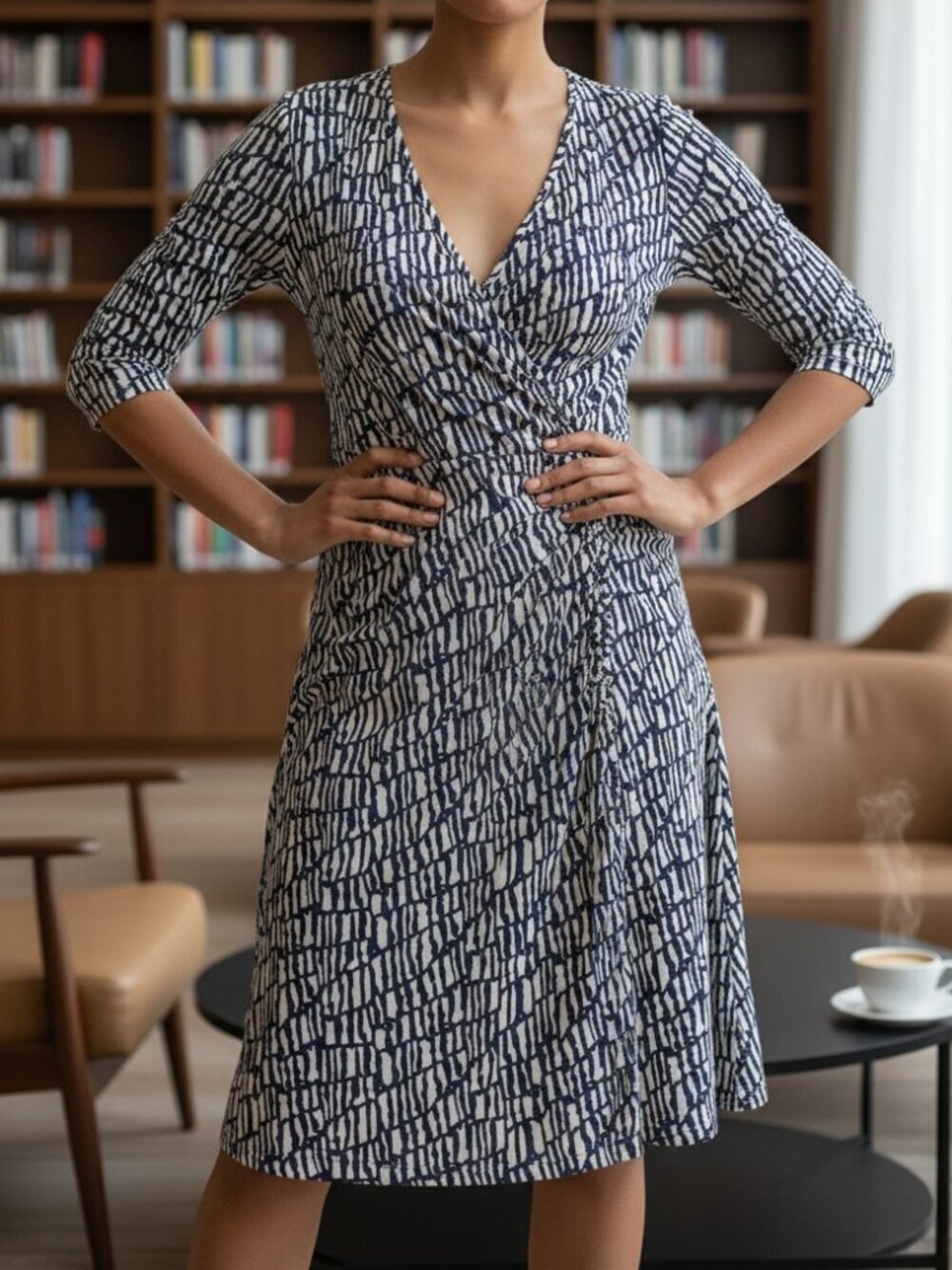 Laundry faux wrap dress Womens Size 10 geometric royalblue white v-neck stretch